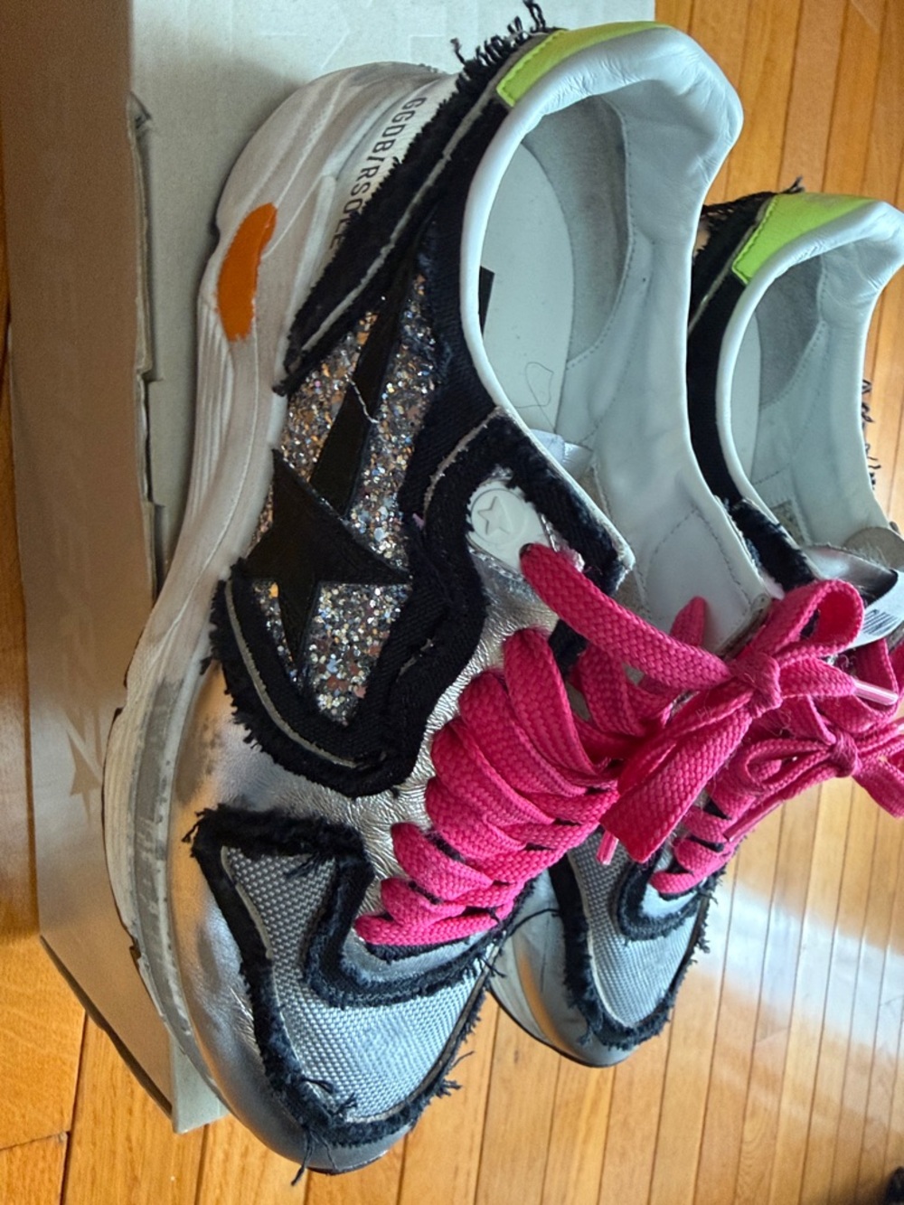 Golden Goose Silver Glitter Sneakers with Pink Laces and Neon Yellow Accents